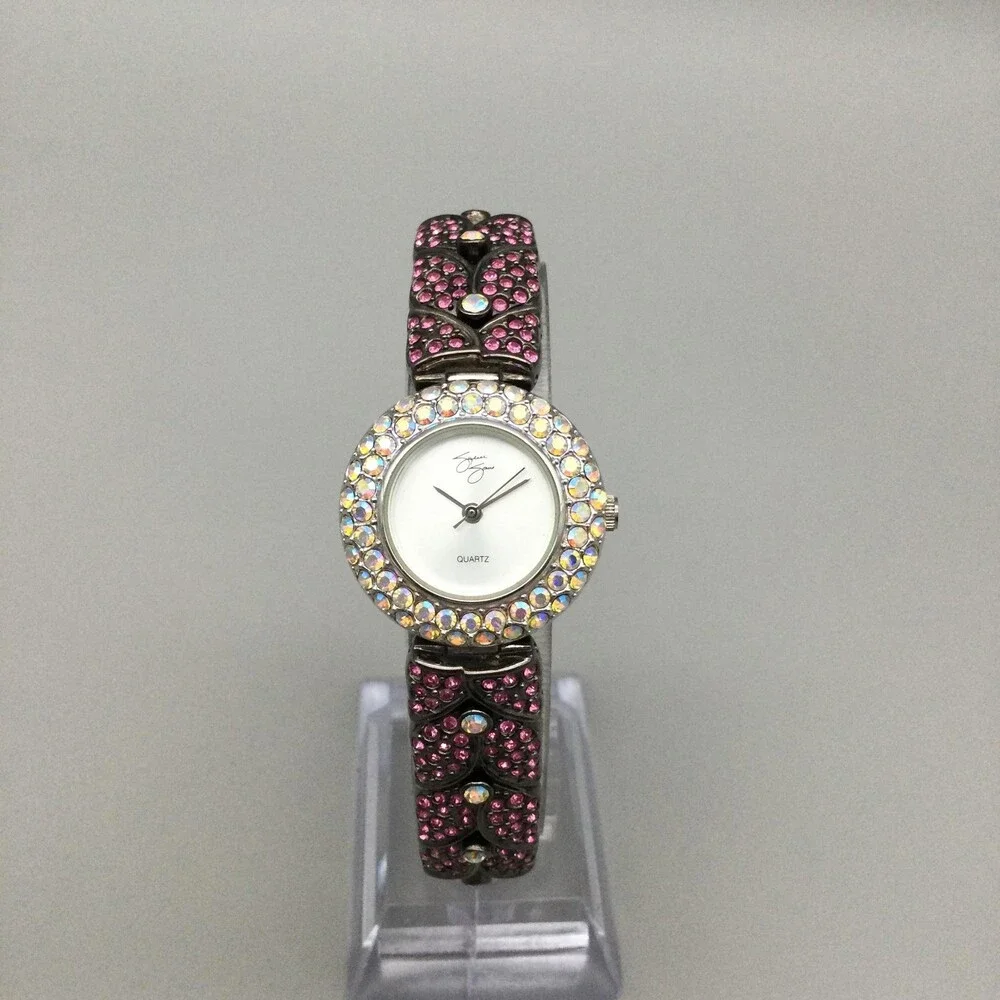 Suzanne Somers Womens Watch 25mm White Dial Pink Crystal Bracelet New Battery